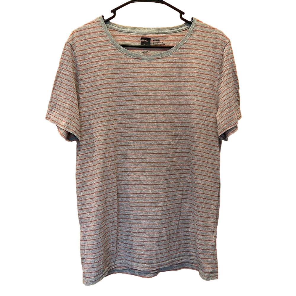 BDG Urban Outfitters Men's Grey and Red Striped Slim Fit Crew Neck T-Shirt